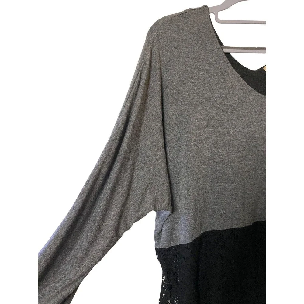 Democracy Top Black Lace Over Gray Soft Cotton Raglan color block asymetric Sz S - Picture 5 of 6